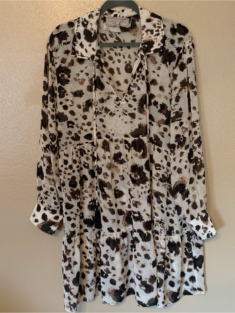 Double D Ranch Animal Print Semi Sheer Dress Long Sleeve Western Size M Brown